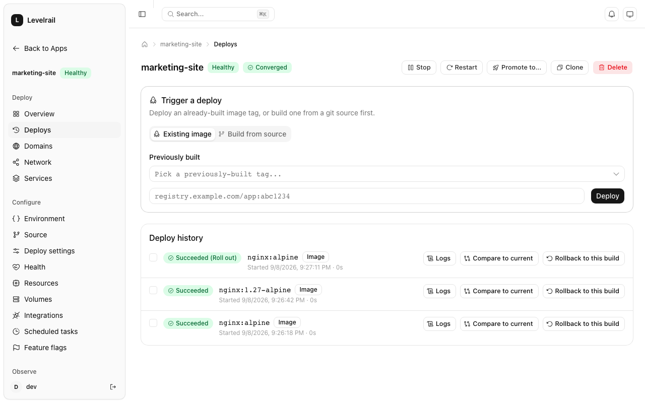 Levelrail deploy history view with one-click rollback